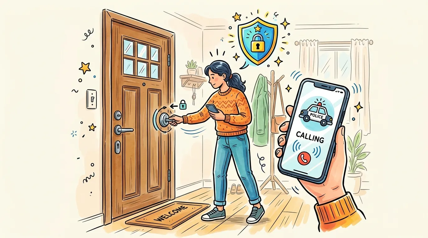 Locking entrance door and dialing emergency police hotline