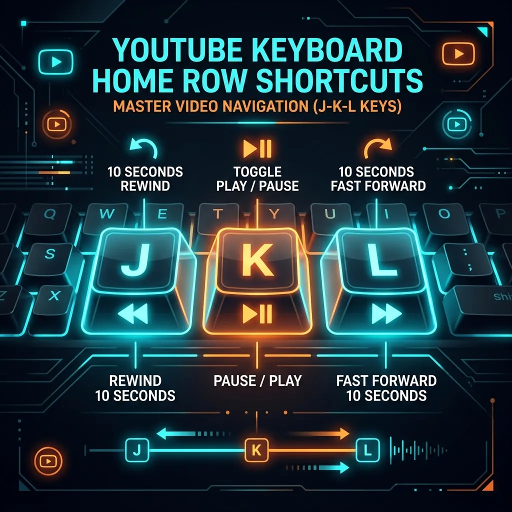 YouTube J-K-L Home Row Keyboard Shortcuts Infographic